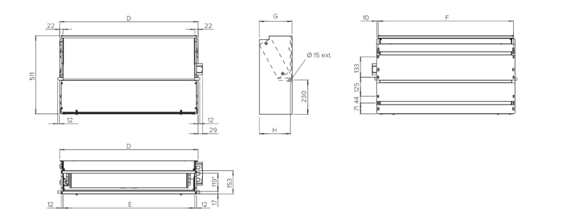 MyCond SEC/F serijos ventiliatorinio šilumokaičio matmenų schema.