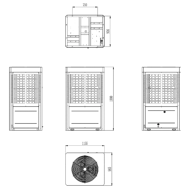 MyCond Diagrama, kurioje nurodyti propano MCU-YHP išplėtimo modulių matmenys.