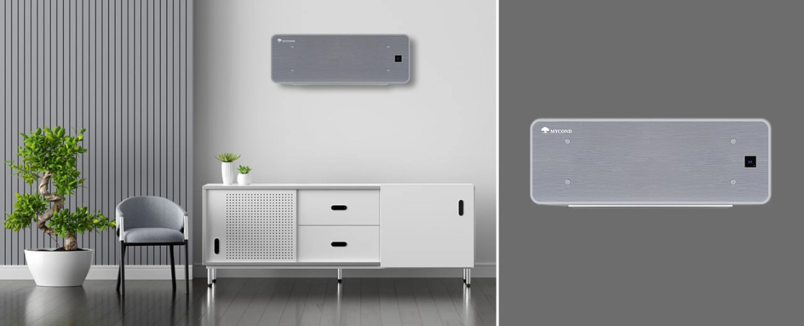 MyCond Silver Glass Wall itin plonas ventiliatorinis šilumokaitis su sidabriniu stiklu ir intuityviu valdymu.